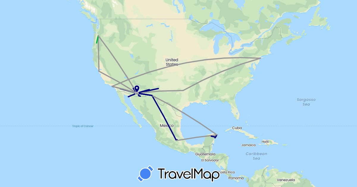 TravelMap itinerary: driving, bus, plane in Mexico, United States (North America)