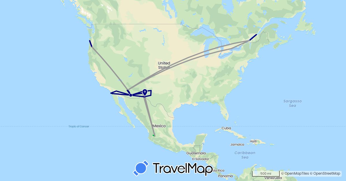 TravelMap itinerary: driving, bus, plane in Canada, Mexico, United States (North America)